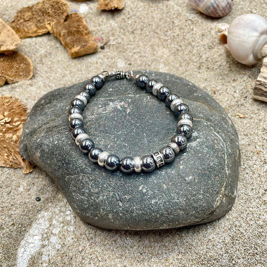 Bracelet homme NUCLEAR KISS – perles de térahertz du Japon 8 mm, donut signature, fermoir mousqueton et argent 925