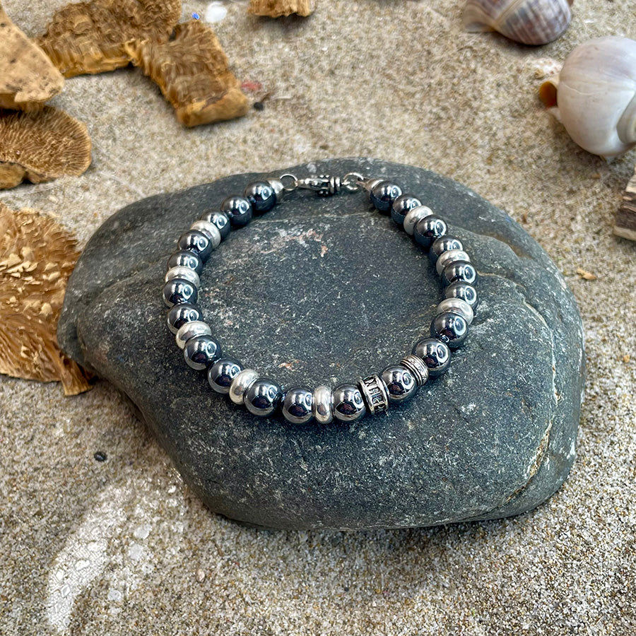 Bracelet homme NUCLEAR KISS – perles de térahertz du Japon 8 mm, donut signature, fermoir mousqueton et argent 925