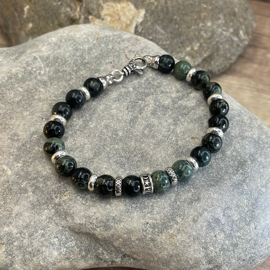 Bracelet homme GUAC & ROLL – perles de jaspe kambaba 8 mm, donut signature, fermoir mousqueton et argent 925