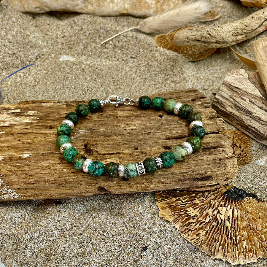 Bracelet homme WILD KALAHARI – perles de turquoise africaine 8 mm, donut signature, fermoir mousqueton et argent 925