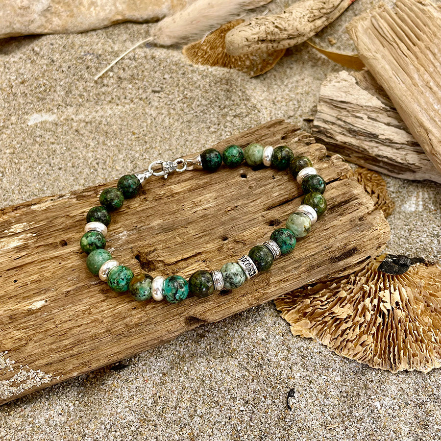 Bracelet homme WILD KALAHARI – perles de turquoise africaine 8 mm, donut signature, fermoir mousqueton et argent 925