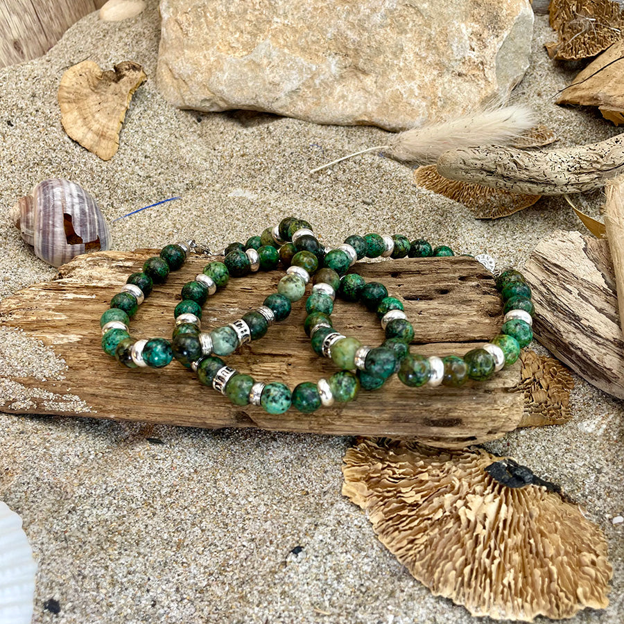 Bracelet homme WILD KALAHARI – perles de turquoise africaine 8 mm, donut signature, fermoir mousqueton et argent 925