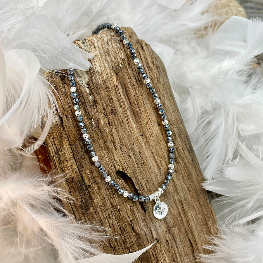 Collier femme STAY LOST, DARLING. – perles de térahertz japonais, pendentif rond étoile du Nord sertie zircon, perles facettées scintillantes en argent 925