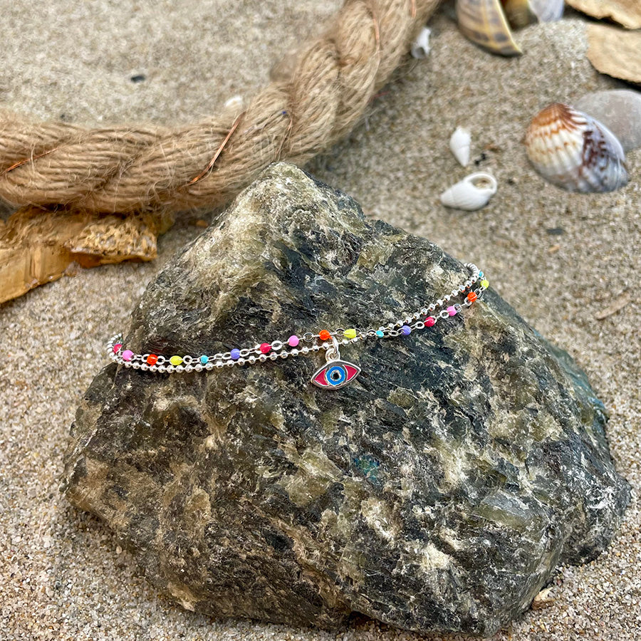 Bracelet femme double-rang POP MY WRIST, BABY – chaîne perles émaillées fluo, pendentif œil et argent 925