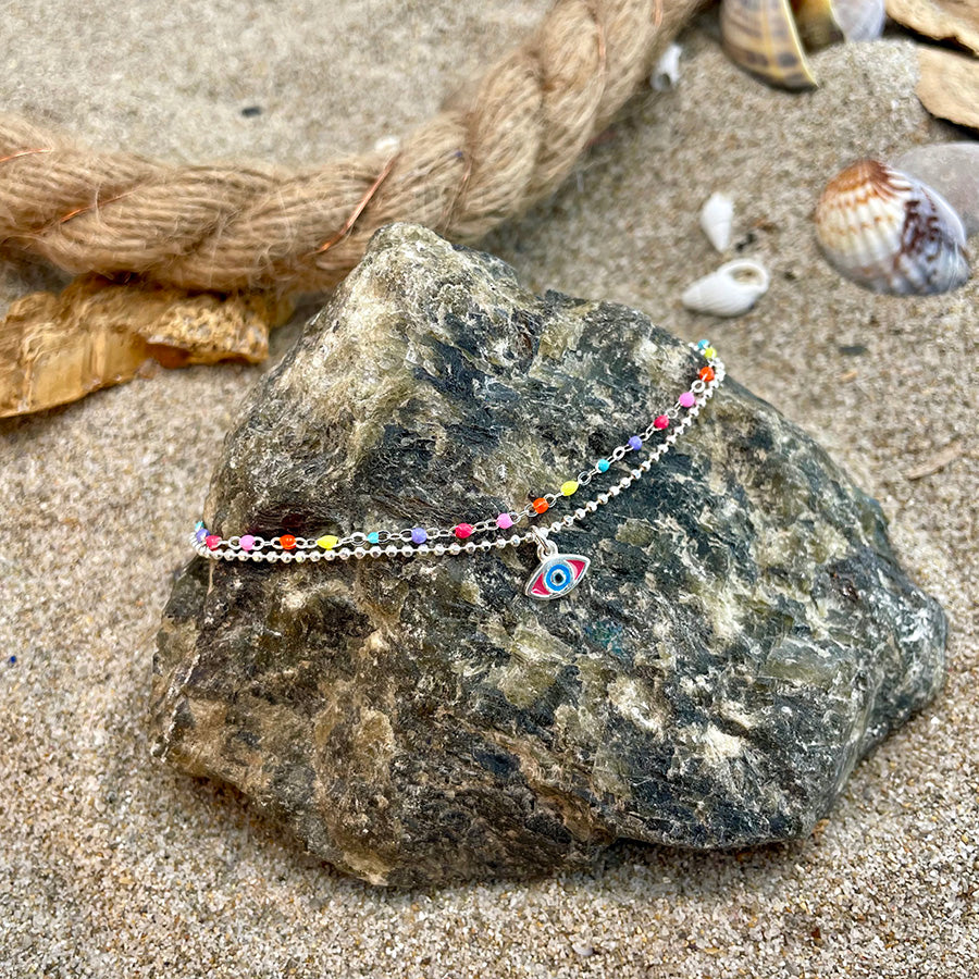 Bracelet femme double-rang POP MY WRIST, BABY – chaîne perles émaillées fluo, pendentif œil et argent 925