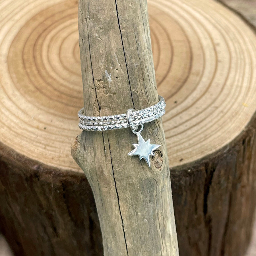 Bague femme en argent 925 – PRIVATE STAR ZONE, 3 anneaux facettés & pendentif étoile du Nord miroir