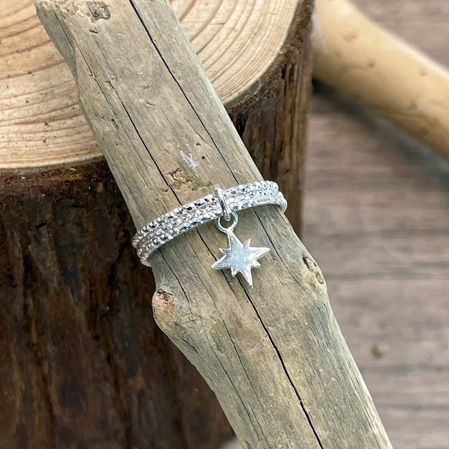 Bague femme en argent 925 – PRIVATE STAR ZONE, 3 anneaux facettés & pendentif étoile du Nord miroir