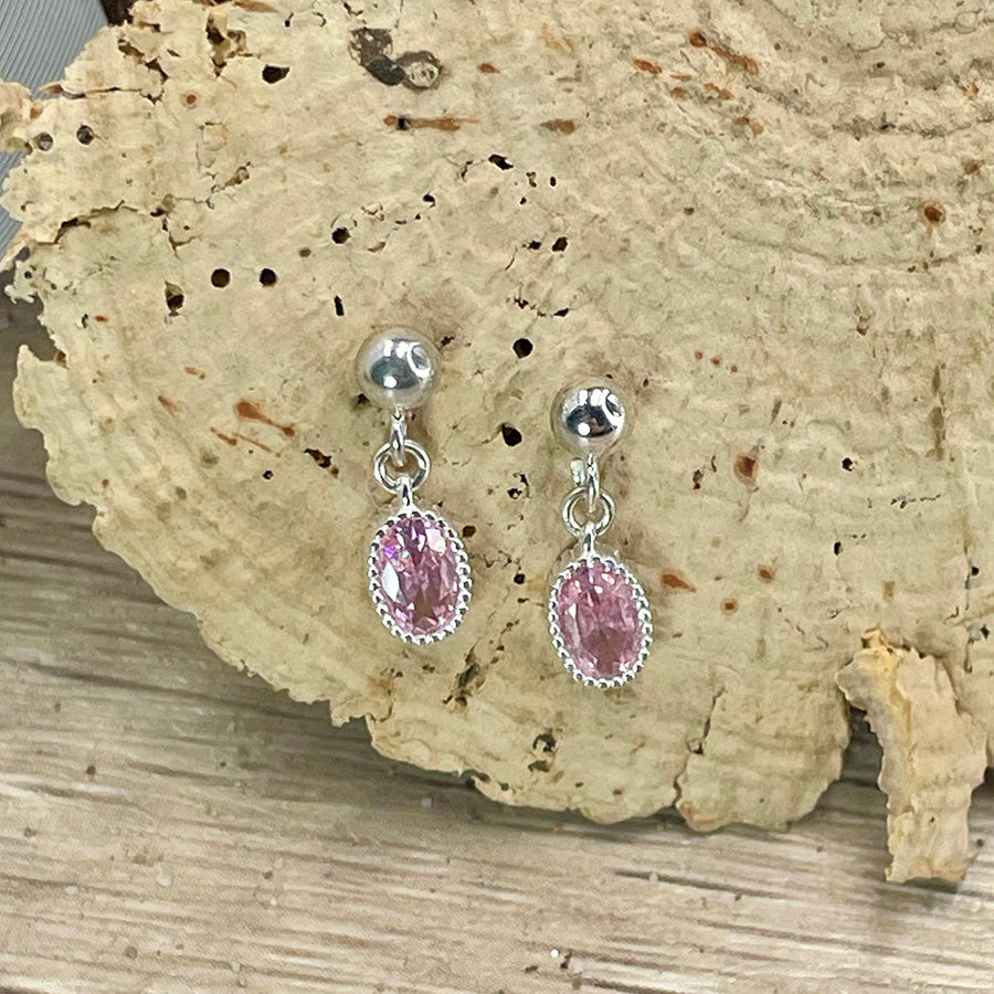 Boucles d’oreilles femme BUBBLEGUM ATTITUDE – clous pendants zircon rose ovale et argent 925