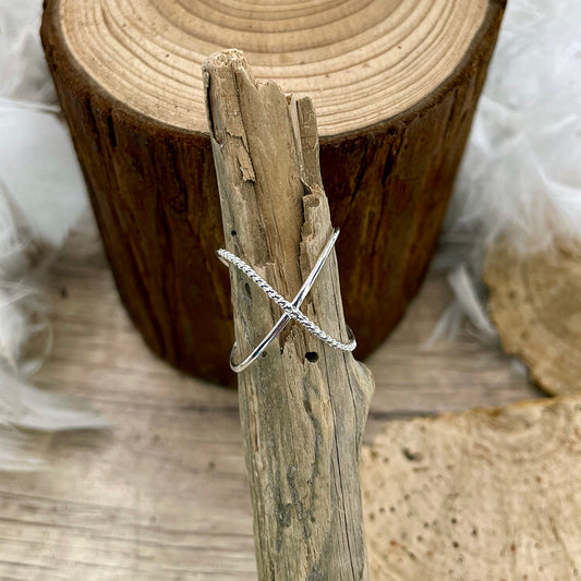 Bague femme en argent 925 – CROSS ME IF YOU CAN, croisée lisse & facettée réglable