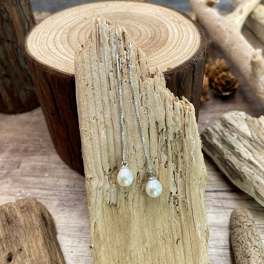 Boucles d’oreilles femme OYSTER’S SECRET à chaînes à enfiler – pendentifs perles de culture d’eau douce et argent 925