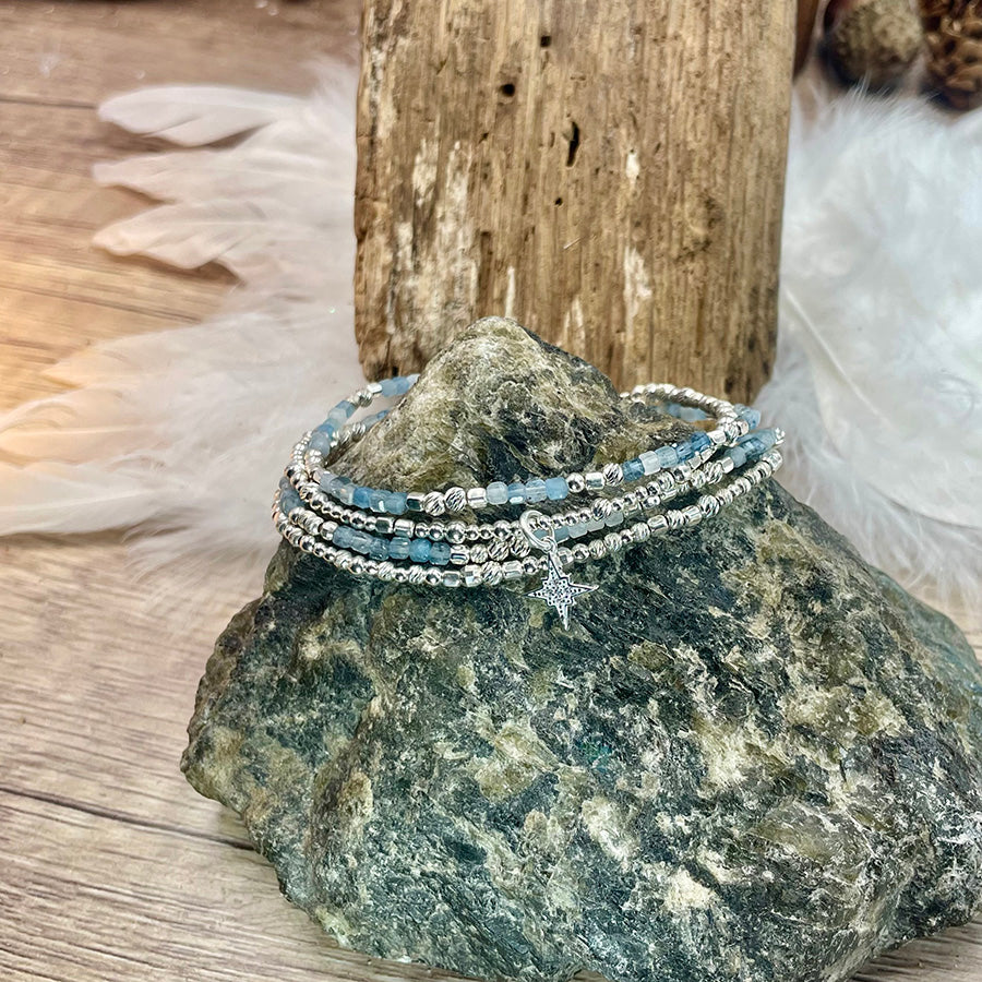 Bracelet femme multi-rang ICE TO MEET YOU – perles d’aigue-marine, pendentif étoile zircon et argent 925