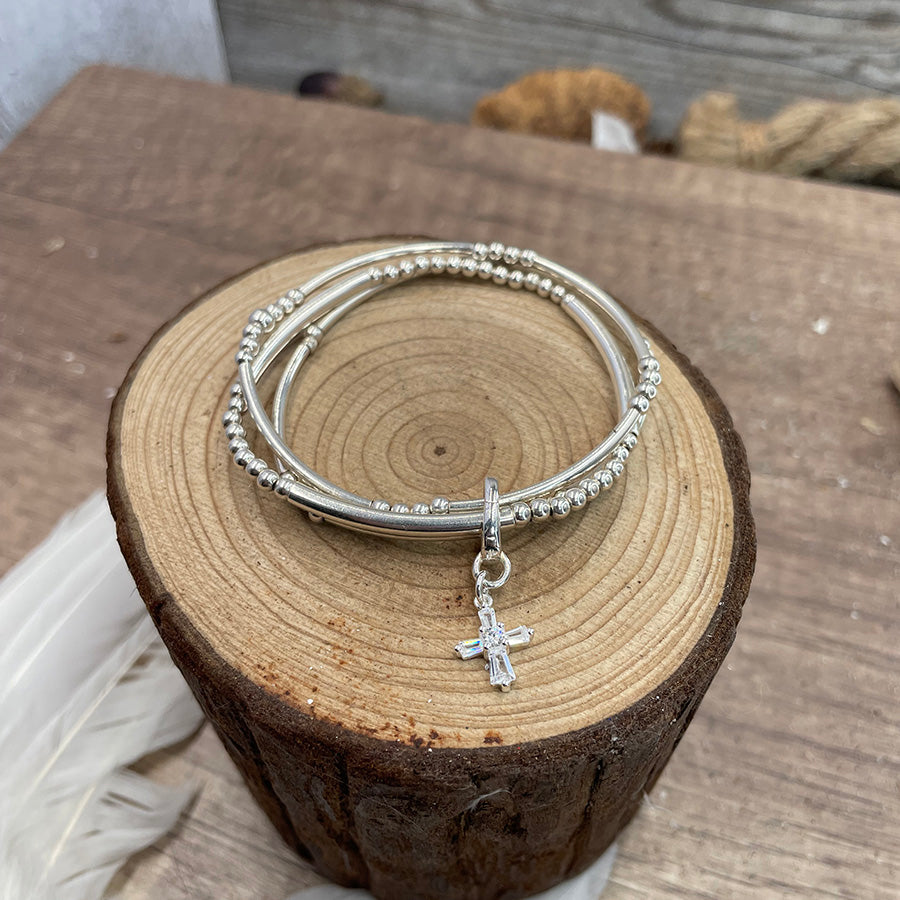 BRACELET femme multi-rang SHINE FOR THE SIN – perles facettées argent 925, tubes lisses et pendentif croix zircons