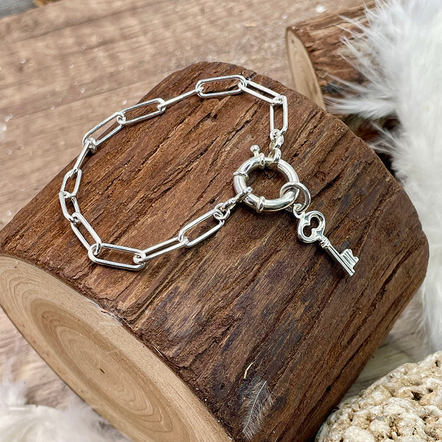 KEY HOLDER BRACELET GOURMETTE CHAÎNE MAILLE RECTANGULAIRE ÉPAISSE AVEC FERMOIR BOUÉE MASSIF ET PENDENTIF CLÉ BAROQUE EN ARGENT 925