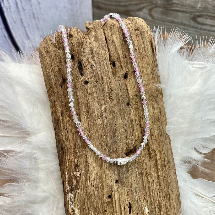 Collier femme LICK MY CANDY, SEXY GUY – choker perles de quartz rose, pierre de lune, zircons façon diamant et rondelle pavée