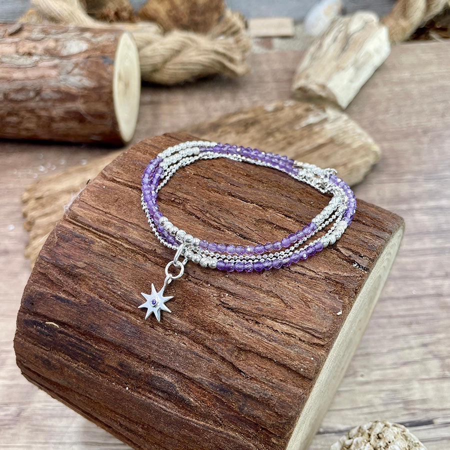 Bracelet femme multi-rang ULTRA VIOLET NIGHTS – perles d’améthyste facettées, pendentif étoile zircon violet et argent 925