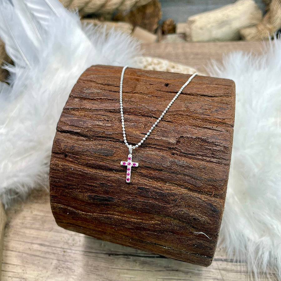 Collier femme HOLY PINK DRAMA – pendentif croix pavée zircons fuchsia et chaîne boules facettées scintillantes en argent 925