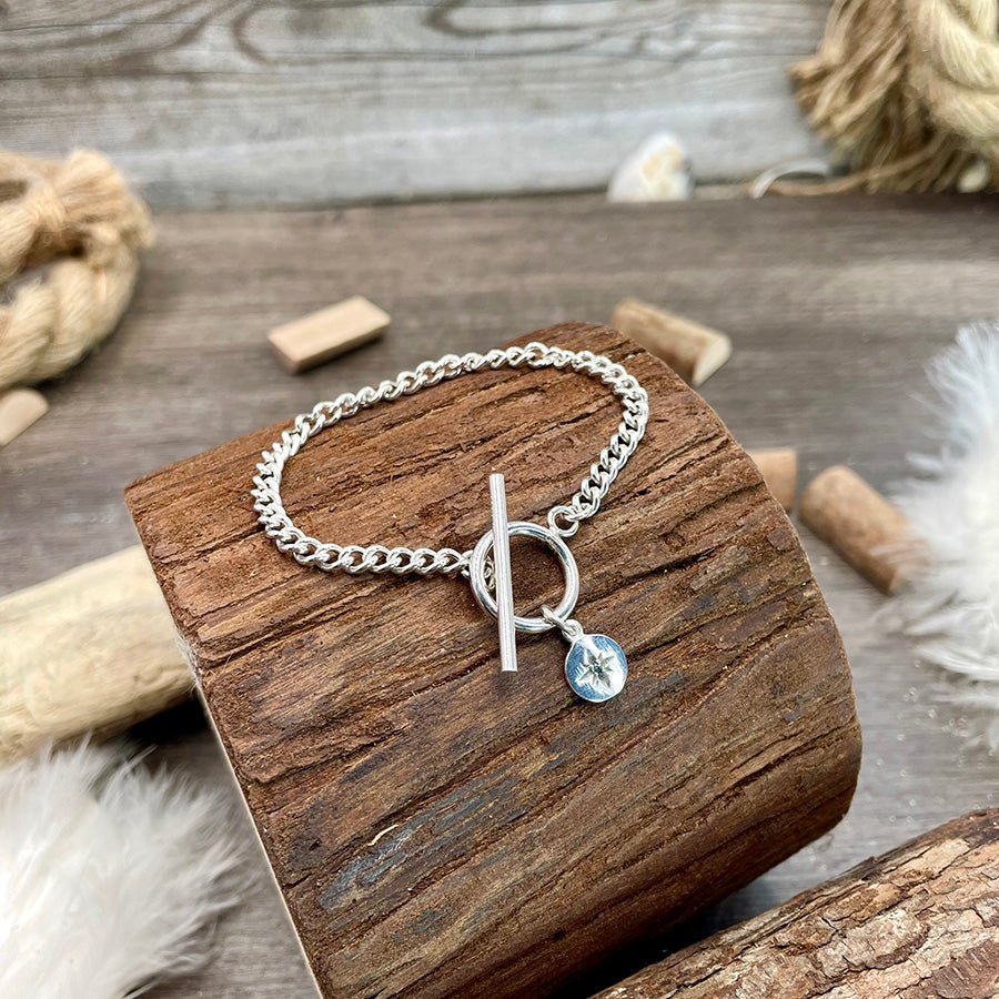 Bracelet femme NO NORTH, JUST ME – maille gourmette, fermoir toggle XL, médaille rose des vents & zircon façon diamant, argent 925