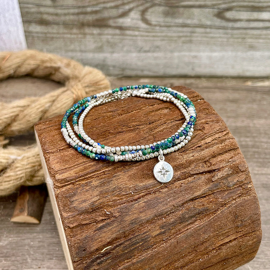 bracelet femme multi-rang NORTH? I DON’T FOLLOW DIRECTIONS – perles de chrysocolle facettées, pendentif étoile du Nord zircon et chaîne boules facettées en argent 925