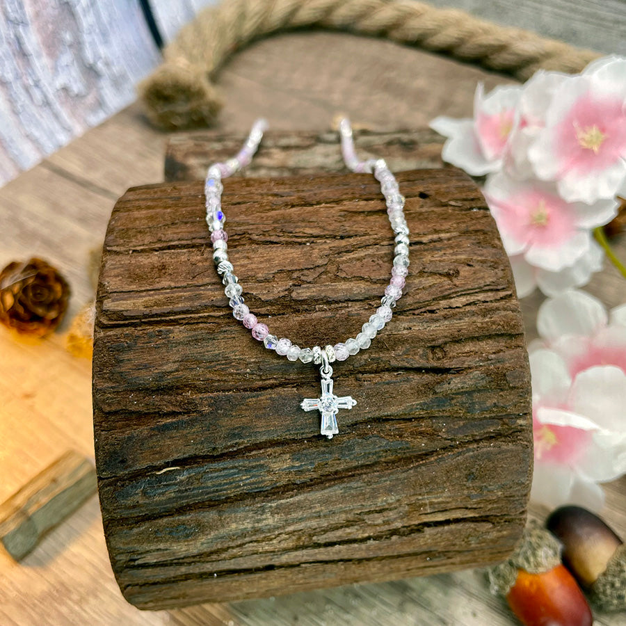 Collier femme en argent 925 – HOLY CRUSH SUGAR, perles pierre de lune arc-en-ciel, zircons roses & croix art déco