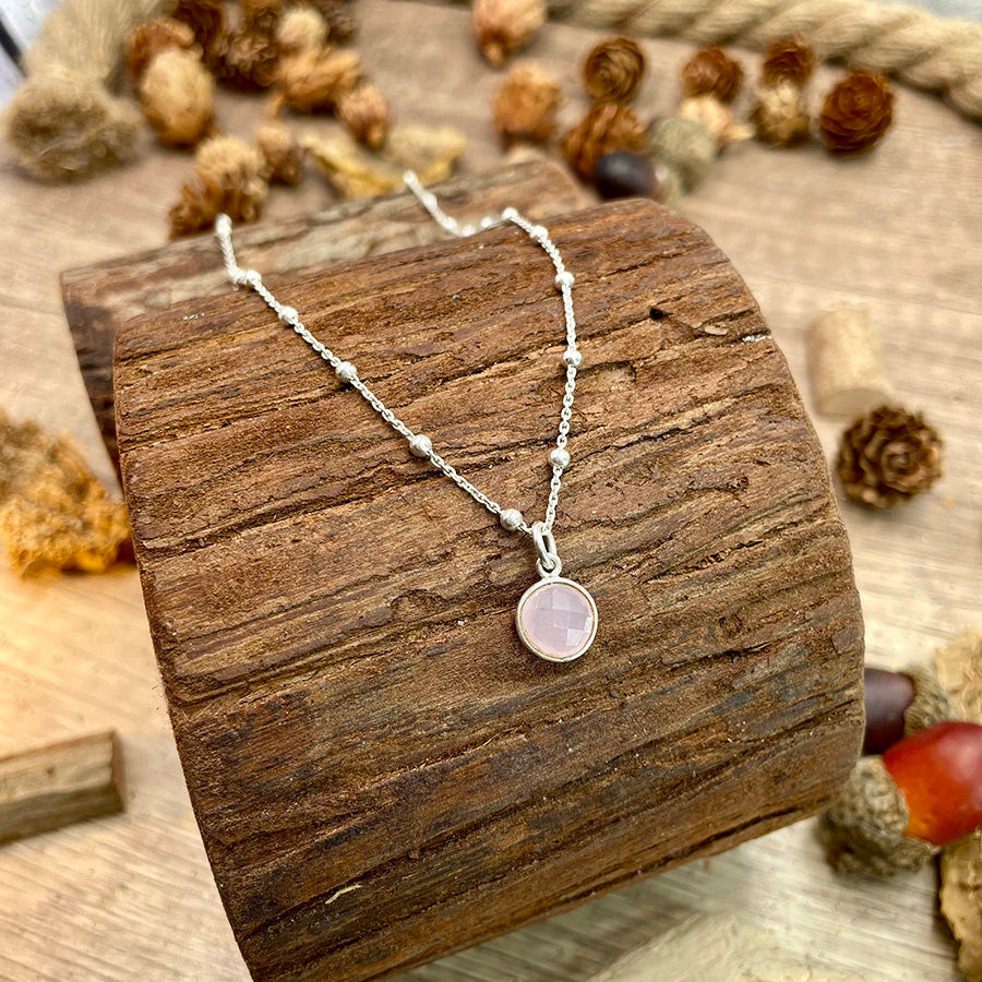 Collier femme PINK AFFAIR – cabochon quartz rose et chaîne forçat perlée argent 925