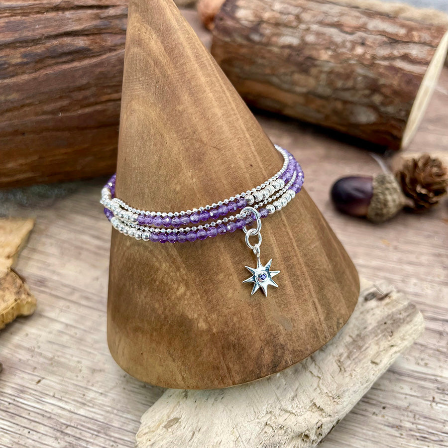 Bracelet femme multi-rang ULTRA VIOLET NIGHTS – perles d’améthyste facettées, pendentif étoile zircon violet et argent 925