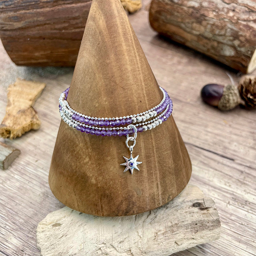 Bracelet femme multi-rang ULTRA VIOLET NIGHTS – perles d’améthyste facettées, pendentif étoile zircon violet et argent 925
