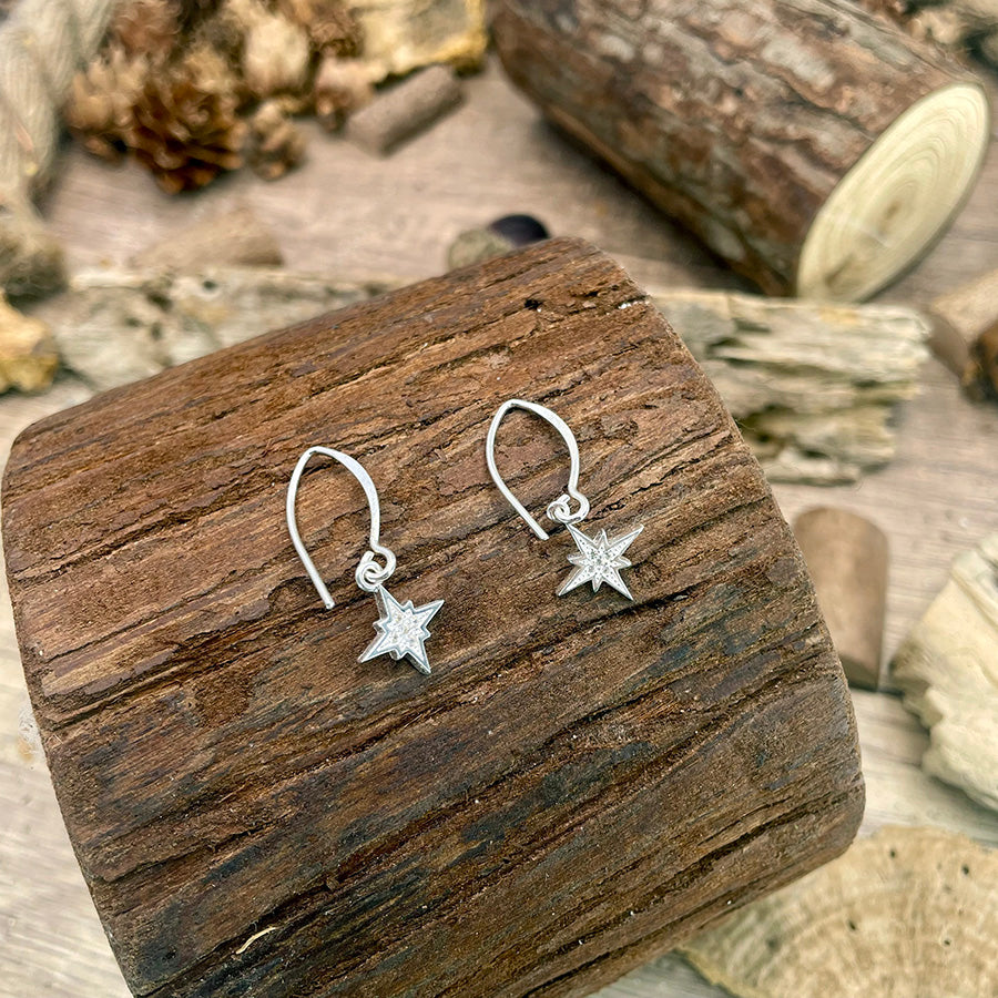 Boucles d’oreilles femme SHOOTING STARLET – crochet pendentif étoile du Nord zircon et argent 925