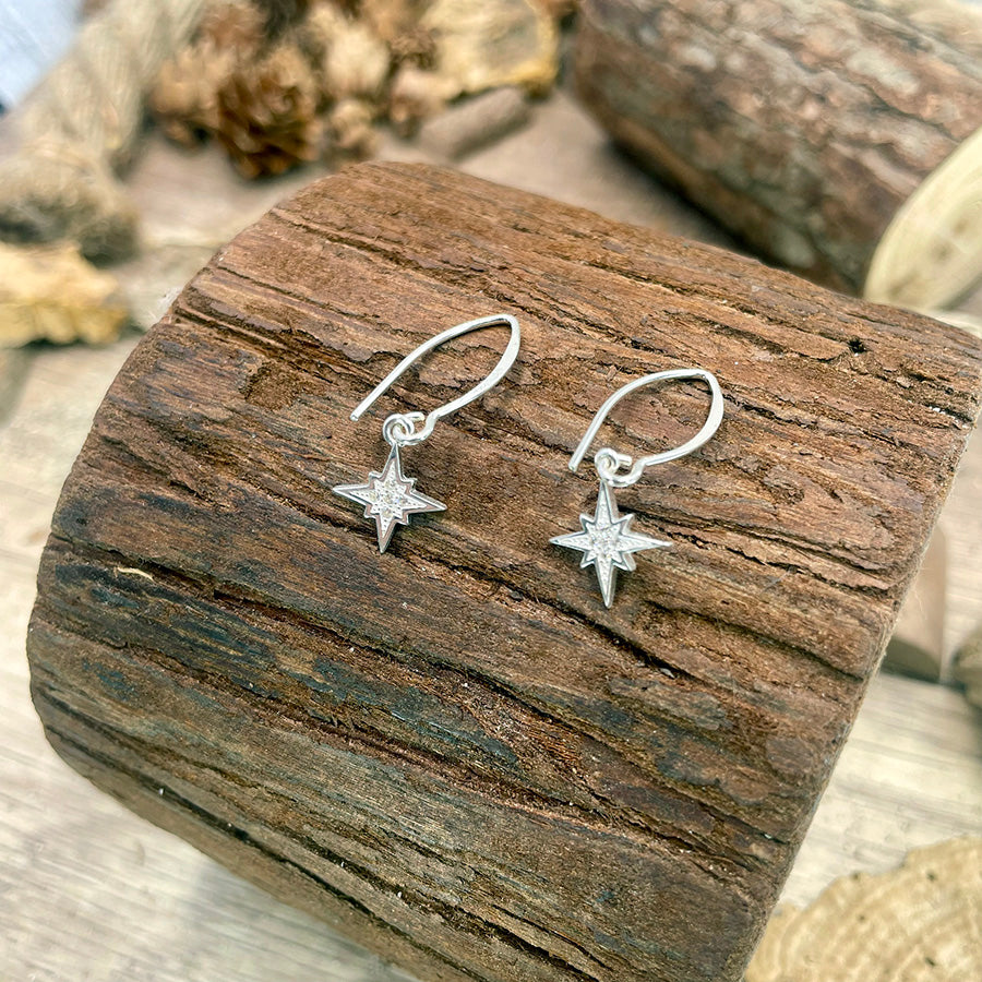 Boucles d’oreilles femme SHOOTING STARLET – crochet pendentif étoile du Nord zircon et argent 925