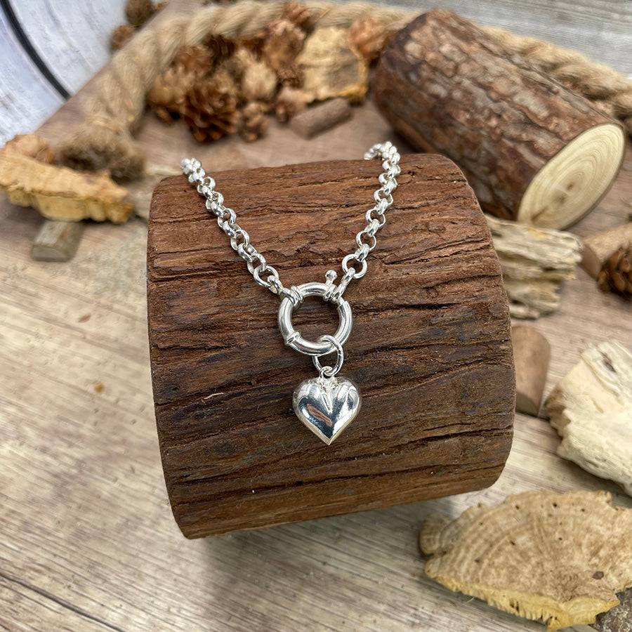 Collier femme HARD LOVE en argent 925 – chaîne jaseron épaisse, fermoir bouée et cœur massif