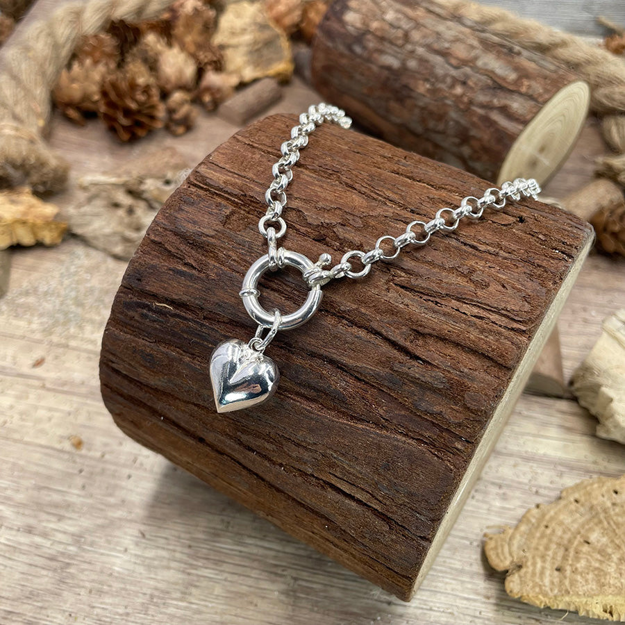 Collier femme HARD LOVE en argent 925 – chaîne jaseron épaisse, fermoir bouée et cœur massif
