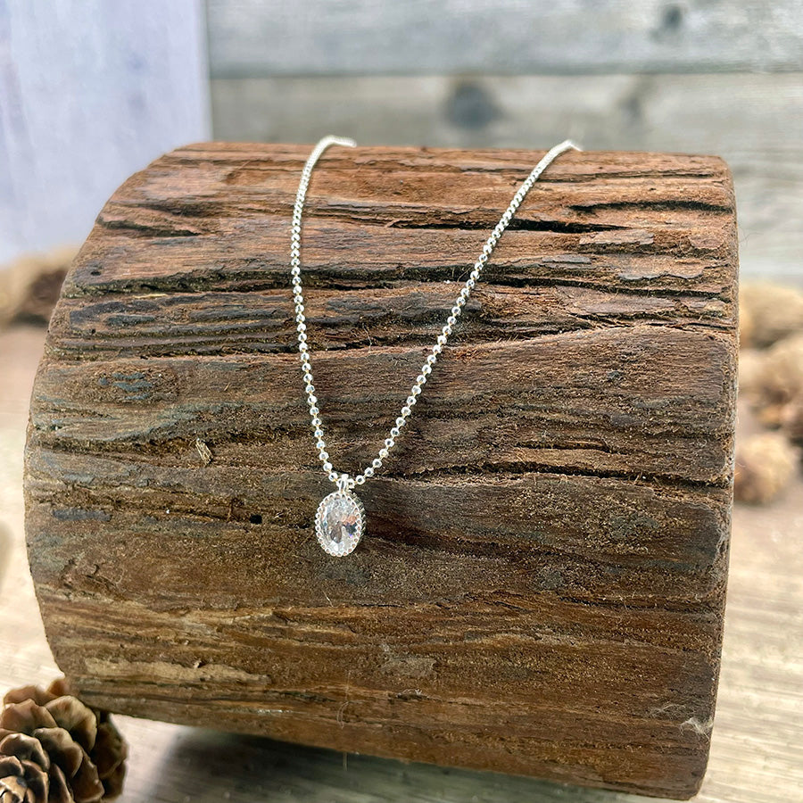 Collier femme DROP MY SPARK, QUEEN – pendentif ovale zircon façon diamant, chaîne boules facettées scintillantes en argent 925
