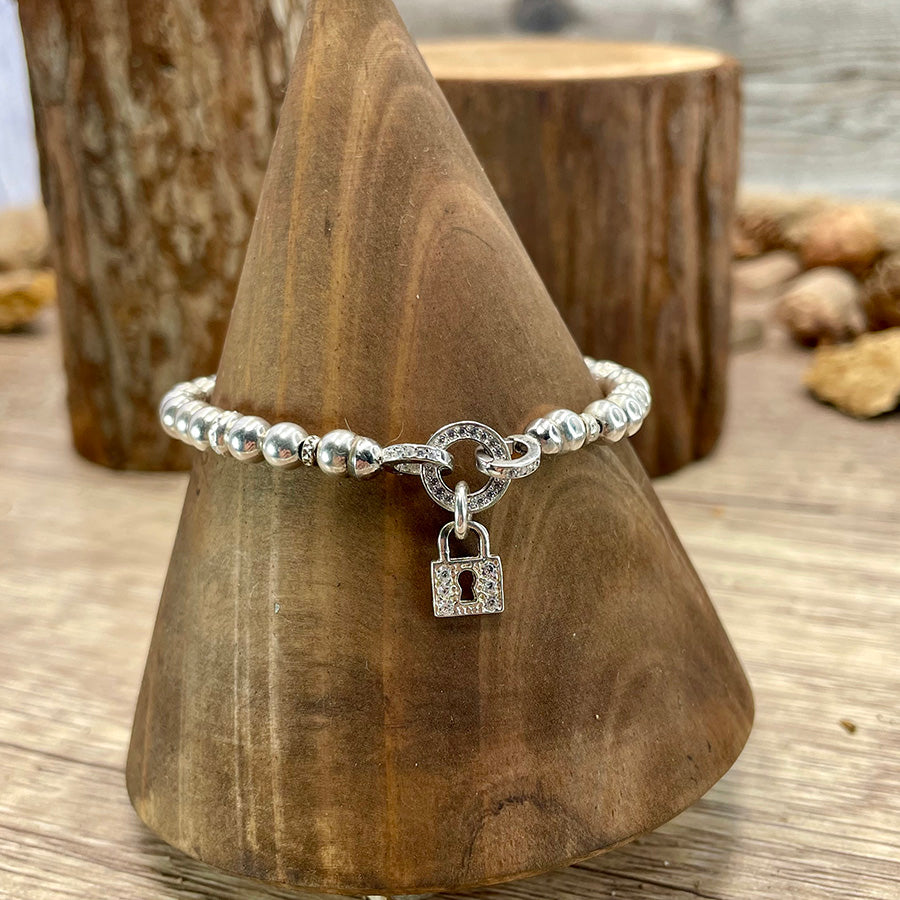 Bracelet femme BAD CRUSH – perles boules 5 mm argent 925, pendentif cadenas zircons et fermoir serti