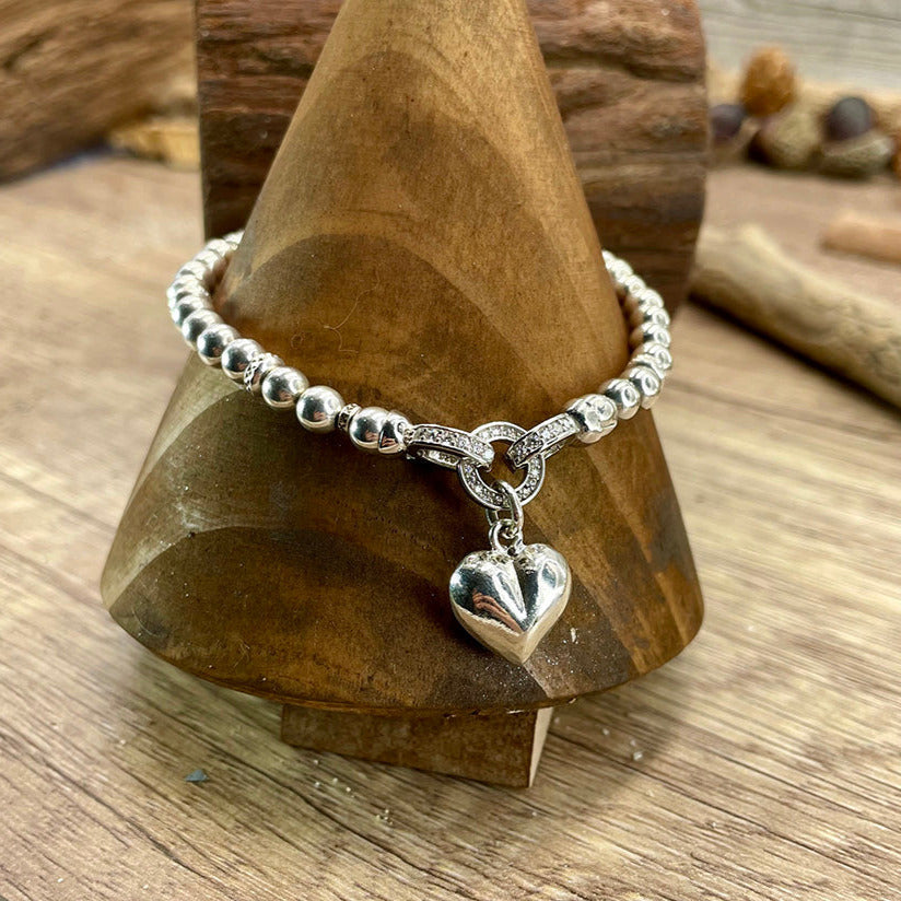 Bracelet femme HOOK ME UP – perles en argent 925, diamètre 5 mm & fermoir bijou pavé, cœur bombé
