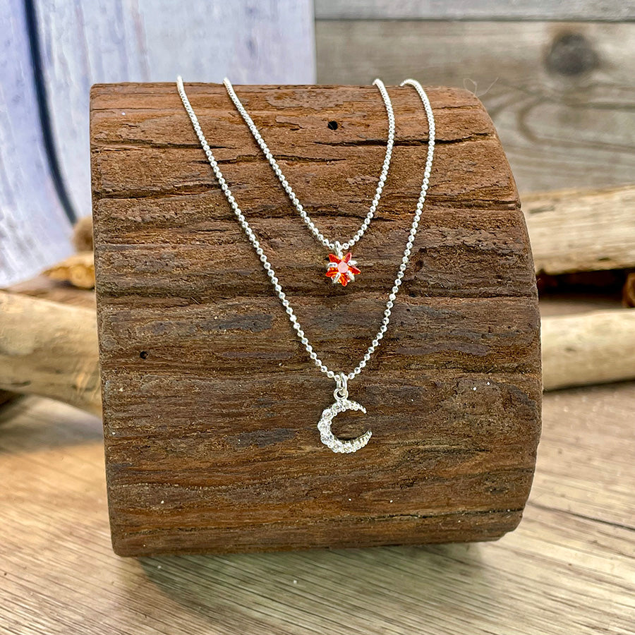 Collier femme KISS MY FIRE STAR – double rang lune et étoile orange, zircons façon diamant, chaînes en boules scintillantes facettées fine et épaisse