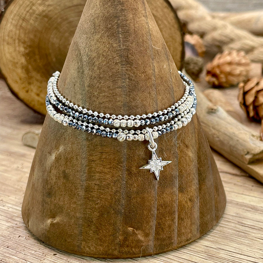 Bracelet femme STAR CRUSH – multi-rangs en térahertz japonais, chaîne maille boules diamantées & étoile pavée