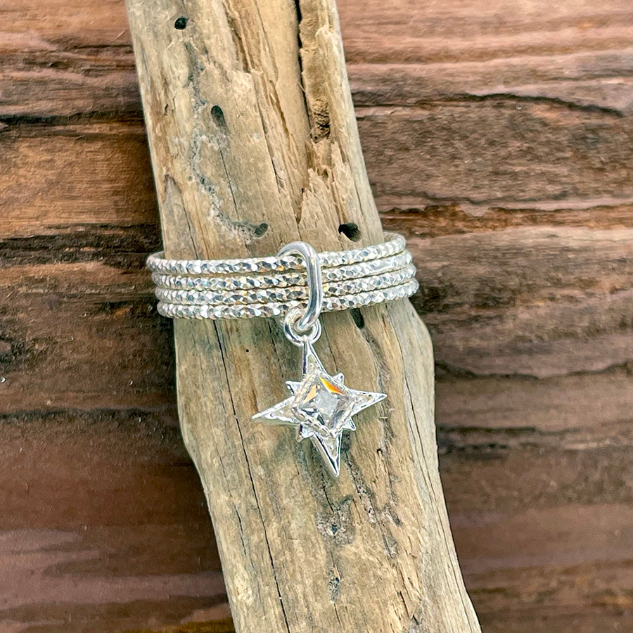 Bague femme STAR DROP OBSESSION – multi-anneaux argent 925 scintillants & pendentif étoile du Nord zircon façon diamant