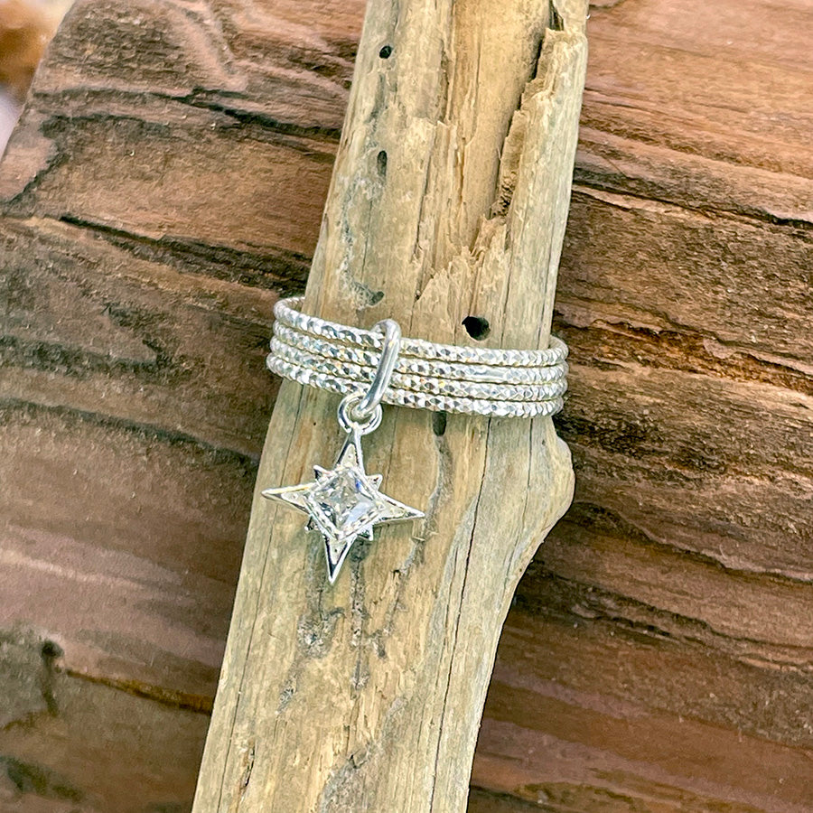 Bague femme STAR DROP OBSESSION – multi-anneaux argent 925 scintillants & pendentif étoile du Nord zircon façon diamant