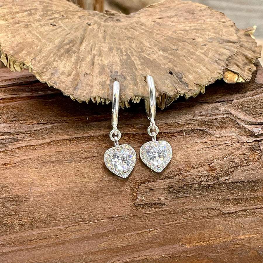 Boucles d’oreilles femme créoles HEART ATTACK BABY – pendentifs cœur zircon taille cœur, halo zircons et argent 925