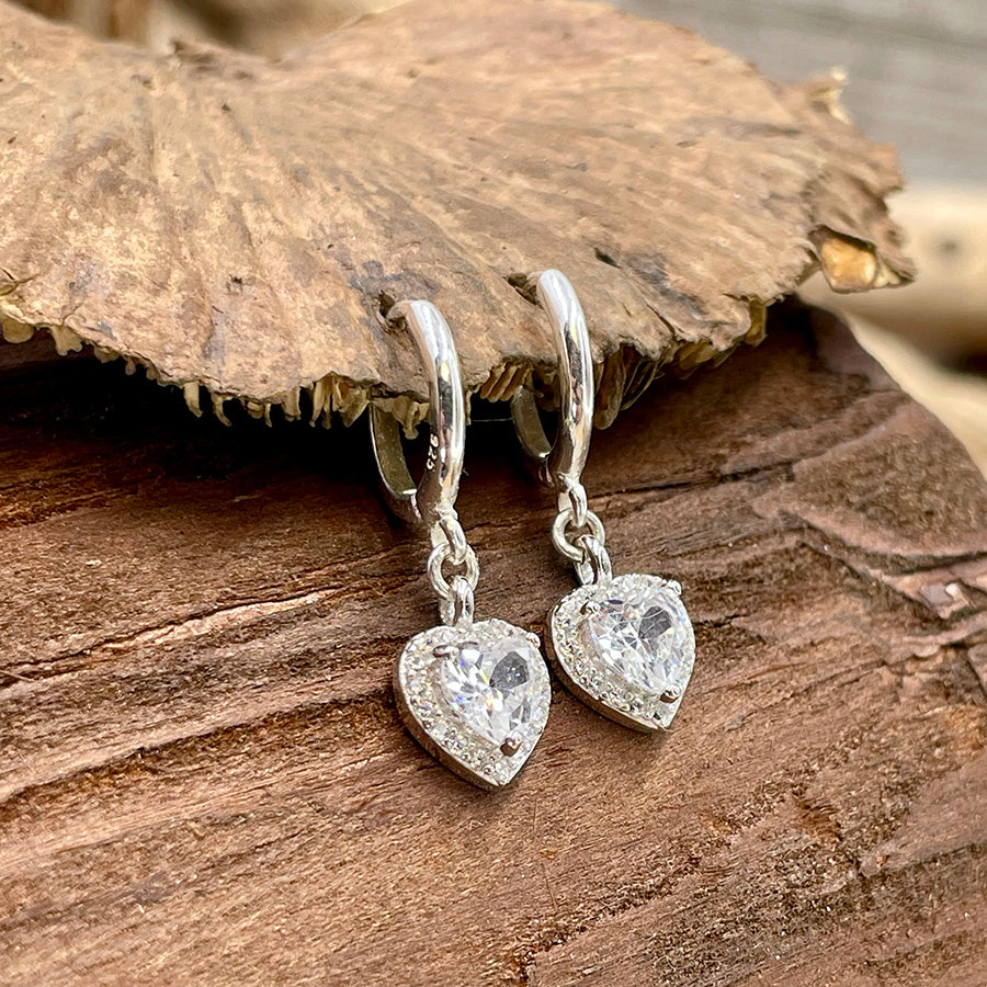 Boucles d’oreilles femme créoles HEART ATTACK BABY – pendentifs cœur zircon taille cœur, halo zircons et argent 925