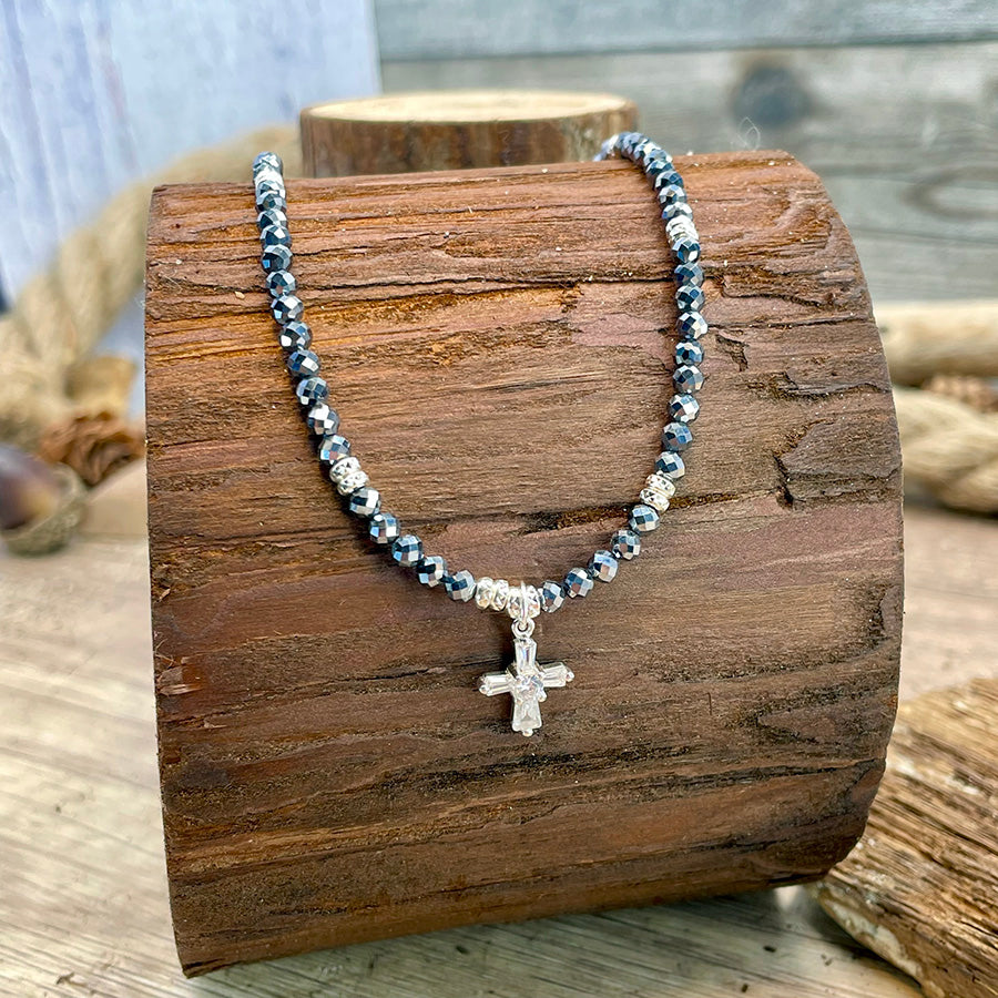 Collier femme BLESS MY TEARZ – perles de térahertz facettées & pendentif croix zircons baguette en argent 925
