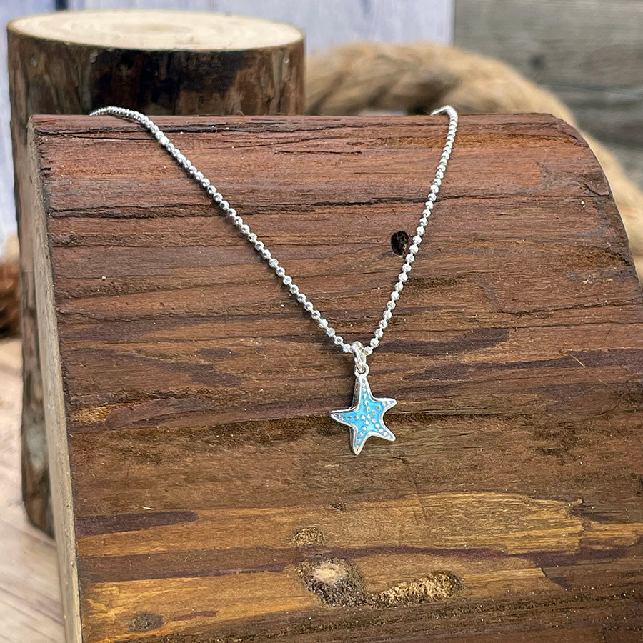 Collier femme MERMAID CRUSH – pendentif étoile de mer émaillée turquoise & chaîne boules facettées scintillantes en argent 925