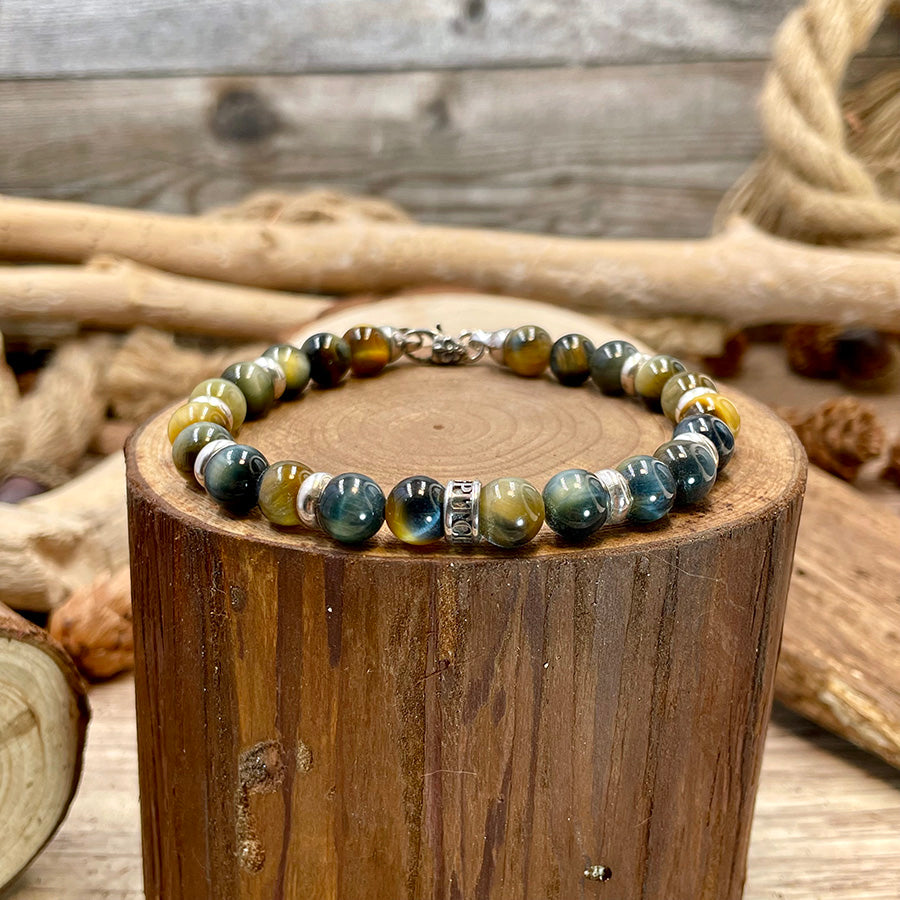Bracelet homme WILD KARMA – perles d’œil de tigre multicolore 8 mm, donut artisanal et fermoir mousqueton argent 925