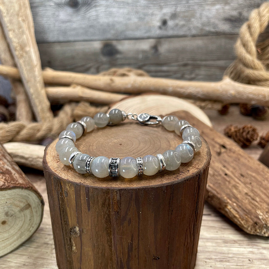 Bracelet homme MOONCHILD – perles de labradorite arc-en-ciel 10 mm, donuts Pitch & Néo®, fermoir argent 925