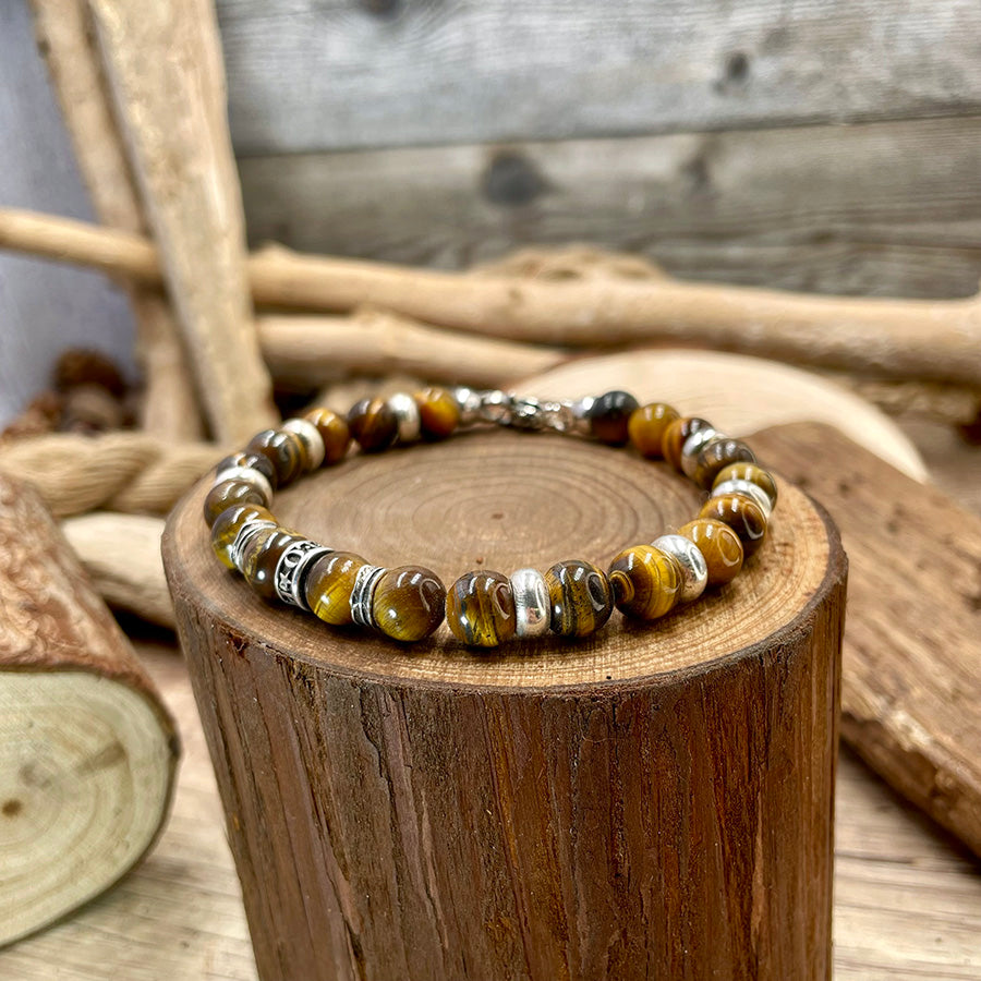 Bracelet homme TIGER BLOOD – perles rondes d’œil de tigre 8 mm, fermoir mousqueton et argent 925