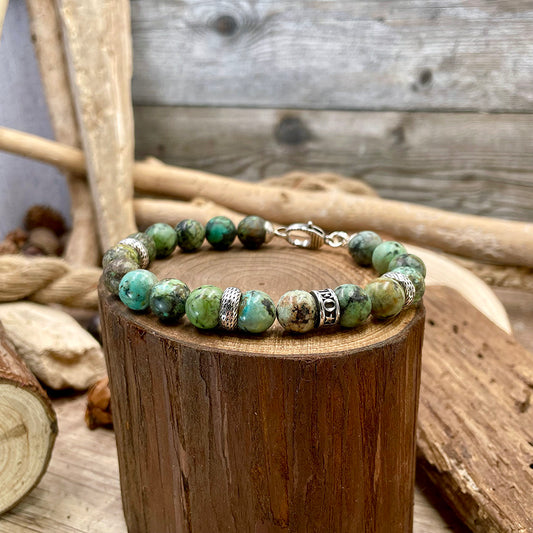 Bracelet homme JUNGLE FEVER – perles de turquoise africaine 10 mm, fermoir argent 925