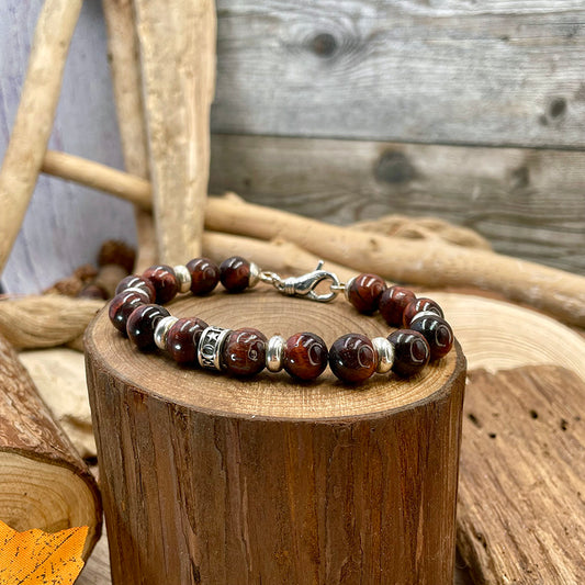 Bracelet homme BLOOD RUSH – perles d’œil de taureau 10 mm et fermoir argent 925