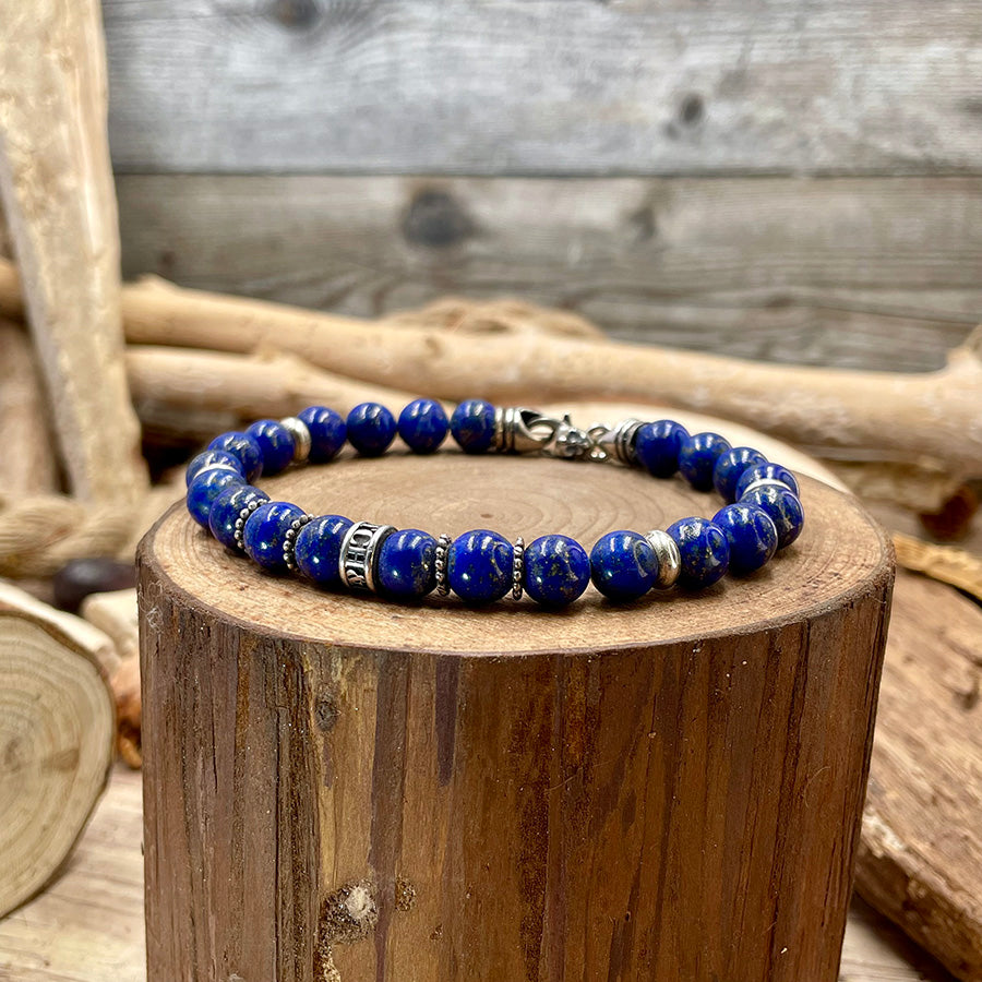 Bracelet homme BLUE VICE – perles de lapis-lazuli 8 mm, donut artisanal et fermoir mousqueton argent 925