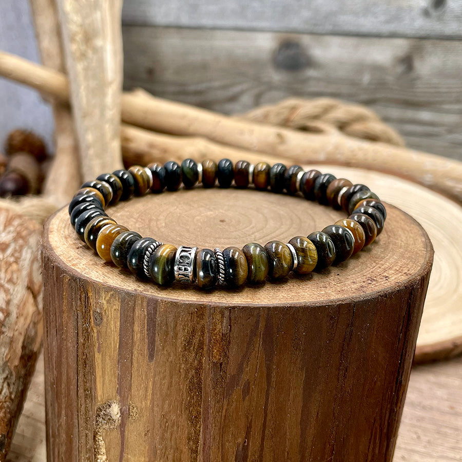 Bracelet homme GOLD DIGGER – perles rondelles d’œil de tigre 8 mm, donut signature et argent 925