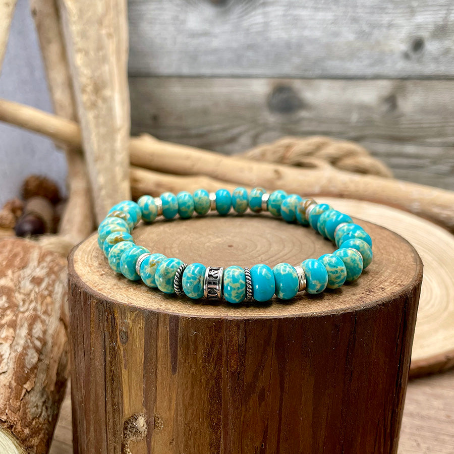 AQUATERRA BRACELET HOMME EN PERLES RONDELLES DE JASPE AQUATERRA ET INTERCALAIRES EN ARGENT 925