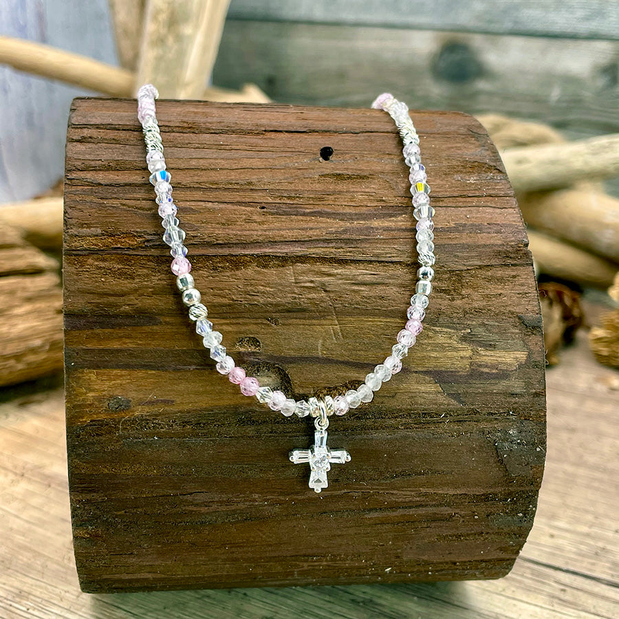 Collier femme en argent 925 – HOLY CRUSH SUGAR, perles pierre de lune arc-en-ciel, zircons roses & croix art déco